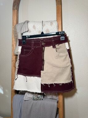 Fashion Nova Colorblock Patchwork Mini Skirt in Burgundy, Tan & Cream